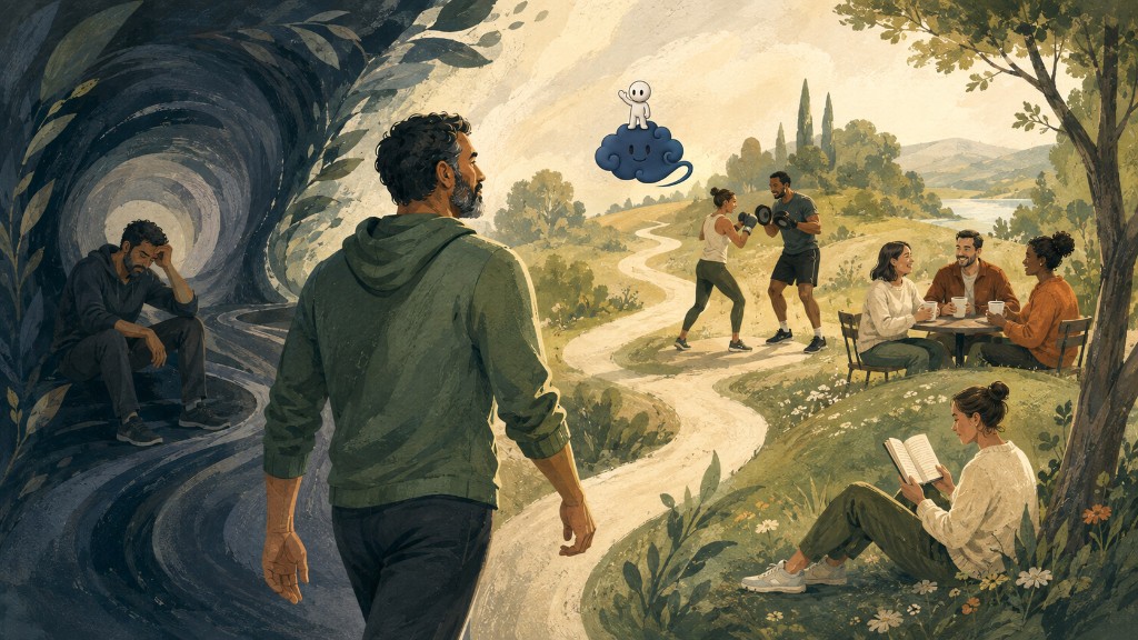 A person walking from a dark place into a sunlit landscape with people boxing, talking, and reading