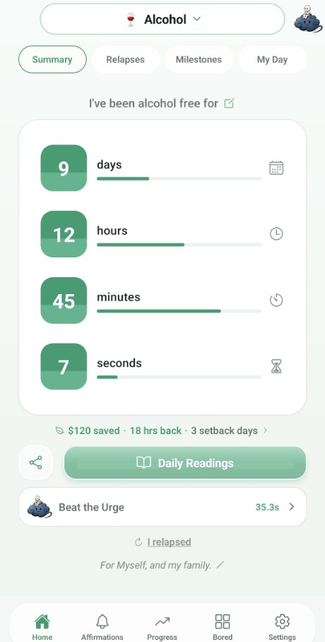 Sober Voice home screen showing sober time, daily readings, and recovery tools