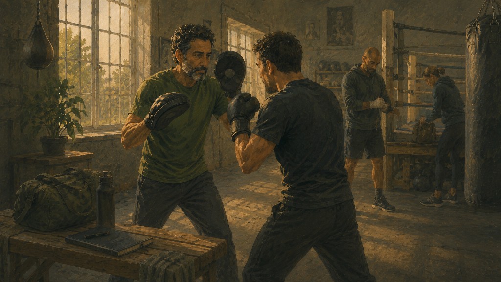 Two people training with focus mitts in a sunlit boxing gym